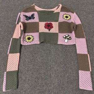 Thorn & Fable Checkered Crochet Cropped Sweater Pink Green Mushroom Patche v3